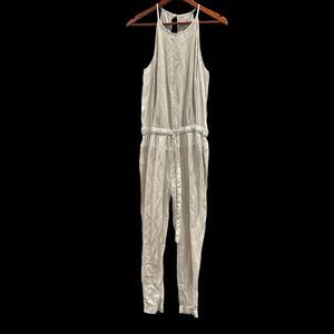 YFB Womens Linen Woven Drawstring Waist Sleeveless Jumpsuit Beige Size Small